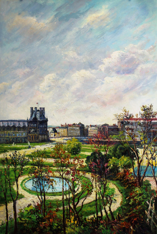 Vue aérienne du jardin avec étang et bâtiments au loin