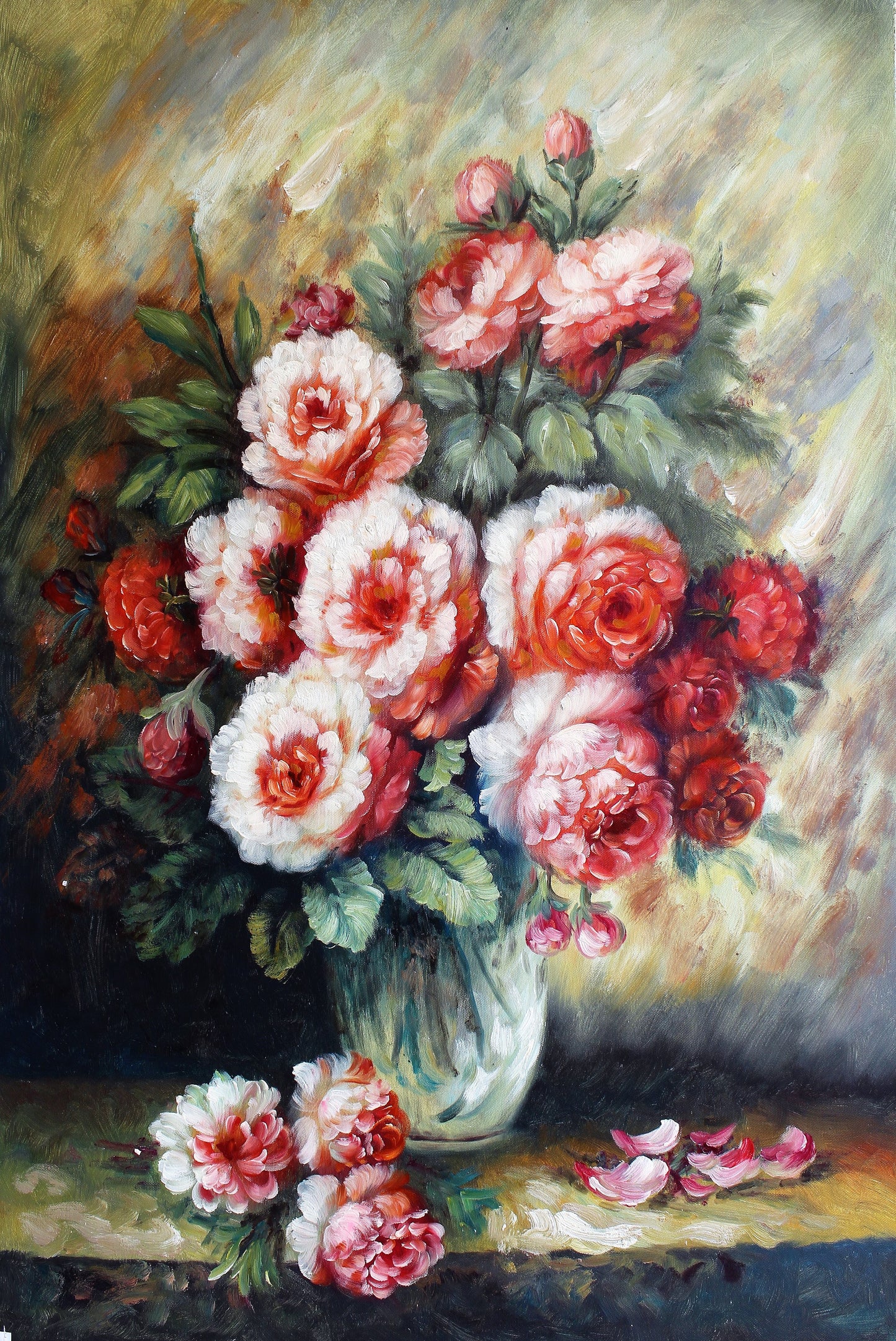 Nature morte de fleurs roses dans un vase en verre