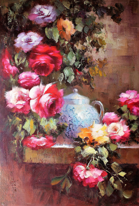 Nature morte de fleurs avec poterie bleue et blanche