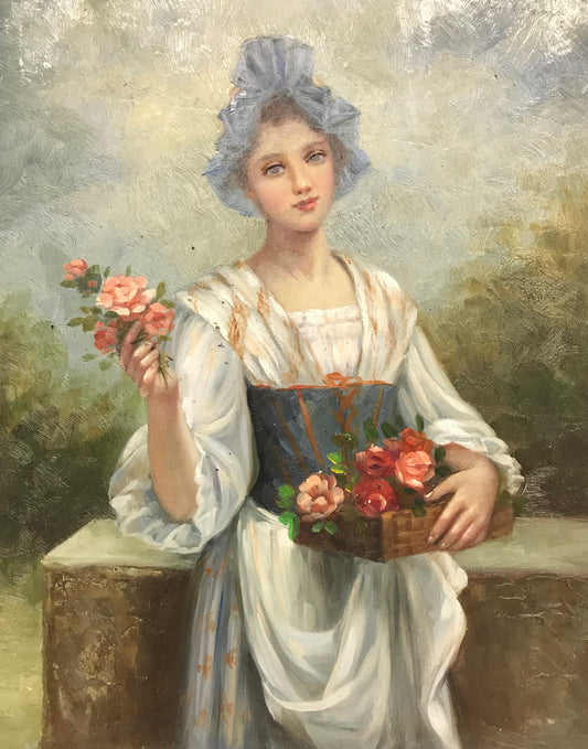 Femme au bonnet bleu et aux fleurs
