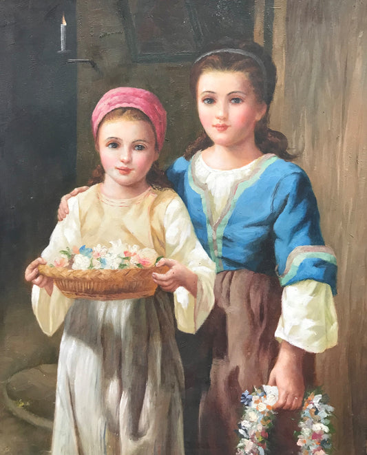 Deux enfants fabriquent des couronnes de fleurs