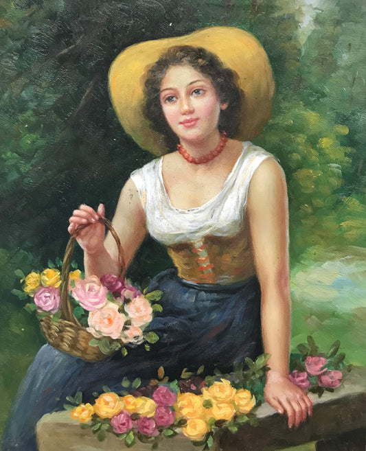 Femme avec un panier de fleurs