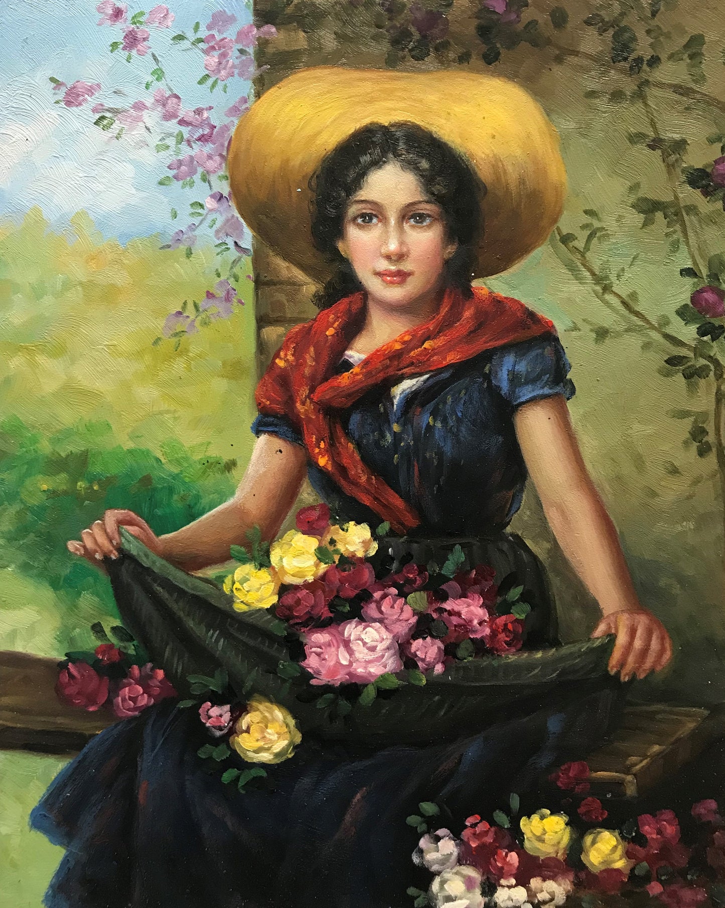Femme avec des fleurs dans son tablier