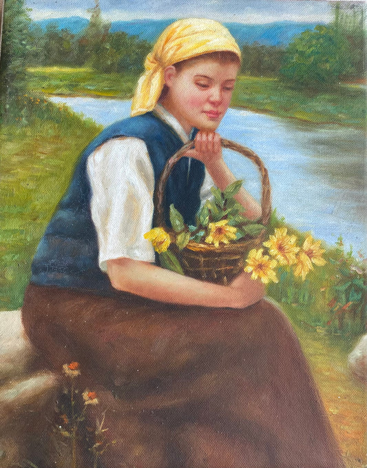 Femme avec un panier de fleurs jaunes