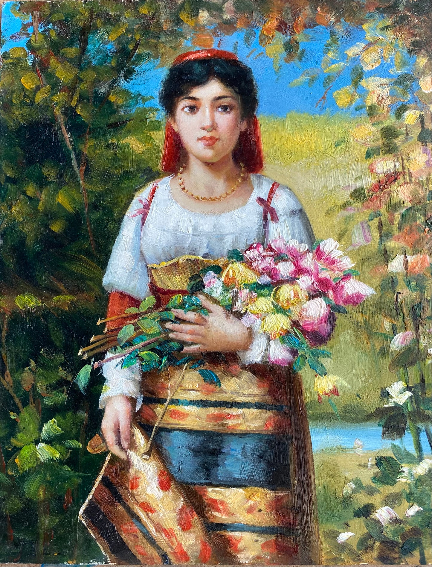 Femme avec une jupe rayée