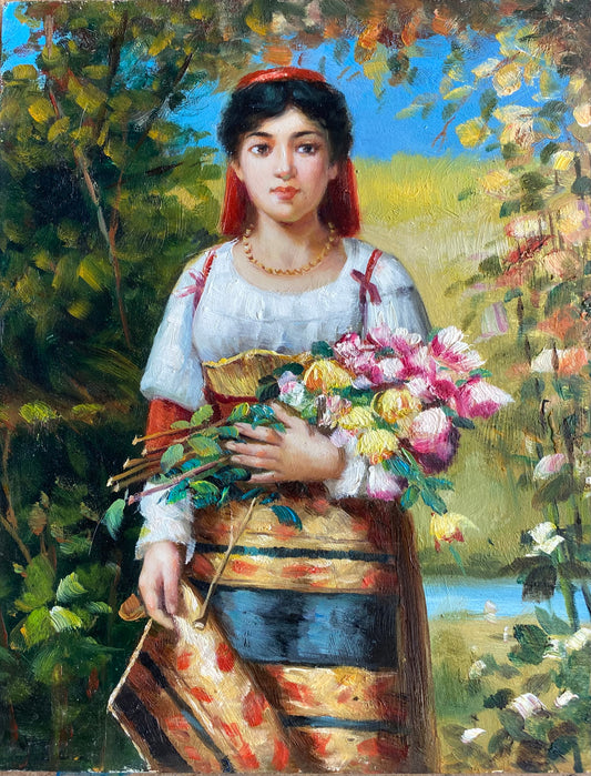 Femme avec une jupe rayée