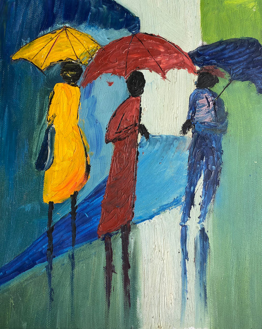 Trois personnages avec des parapluies