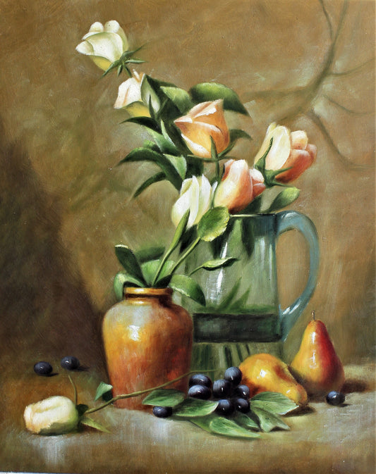 Nature morte de fleurs dans un pichet et de fruits