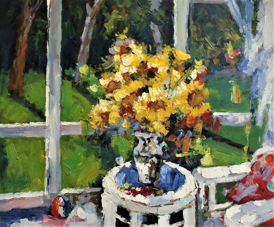 Nature morte de tournesols dans une véranda