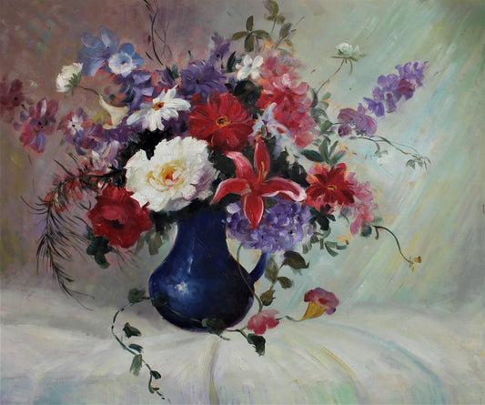 Nature morte de fleurs dans un vase bleu