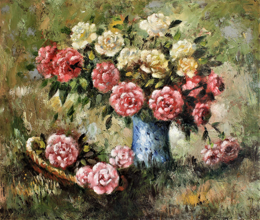 Nature morte de fleurs dans un grand vase bleu