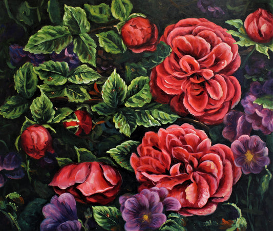 Fleurs rouges et violettes avec des feuilles