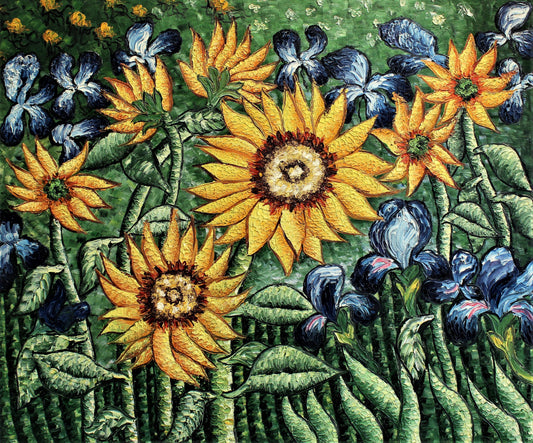 A field of sunflowers and irises