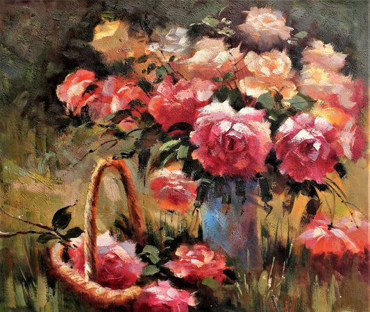 Nature morte de fleurs dans un vase et un panier
