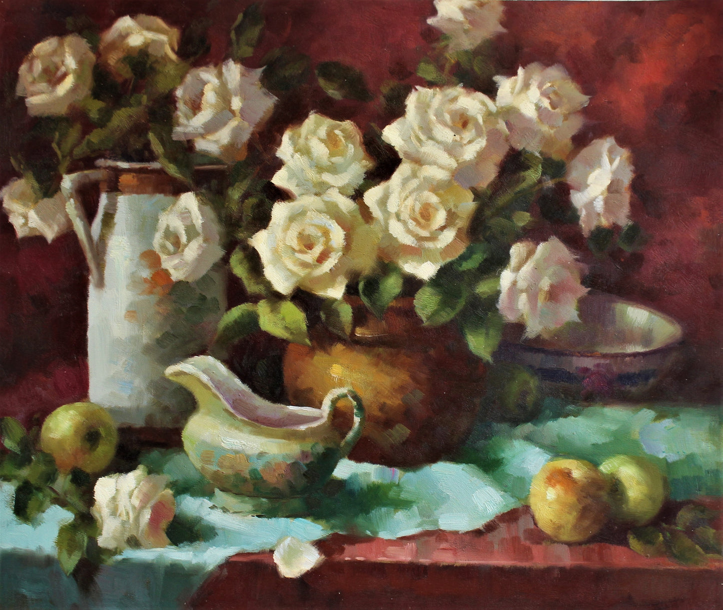 Nature morte de roses blanches, de poteries et de pommes