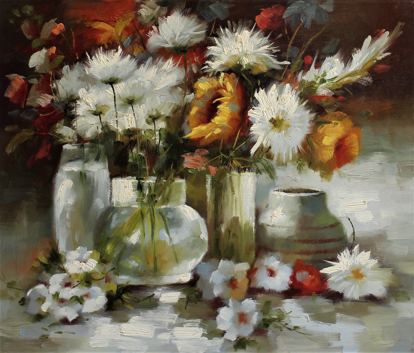 Nature morte de fleurs dans des vases et des poteries