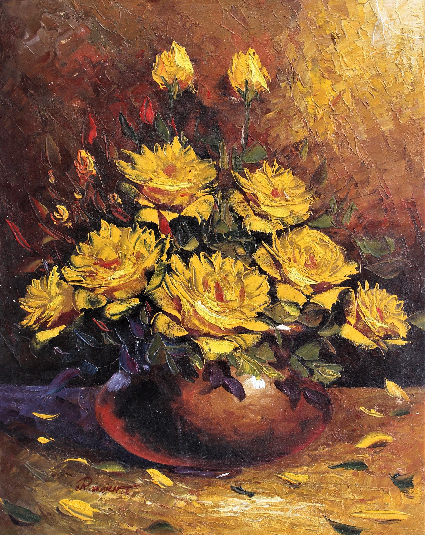 Nature morte de roses jaunes dans un vase rond