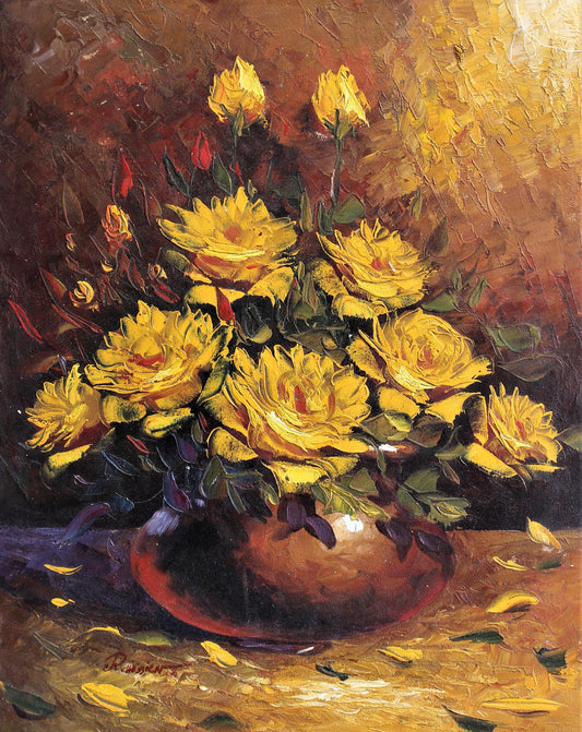 Nature morte de roses jaunes dans un vase rond
