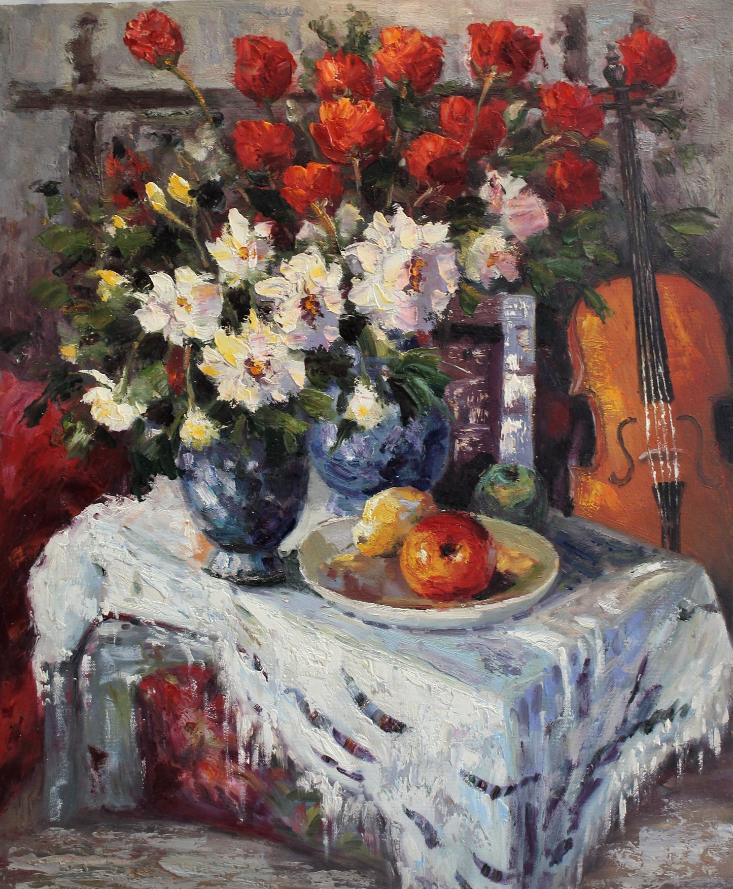 Nature morte de fruits, de fleurs et d'un violoncelle