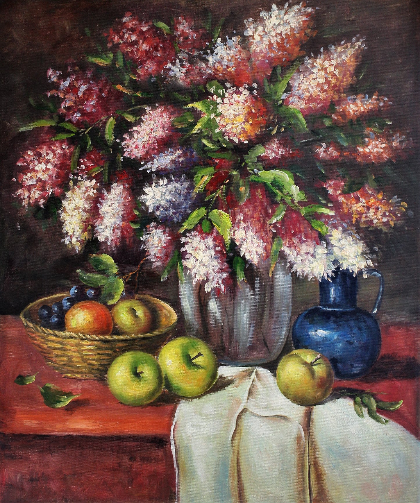 Nature morte avec corbeille de fruits, fleurs et poterie