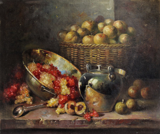 Nature morte de raisins, de pommes et de poterie