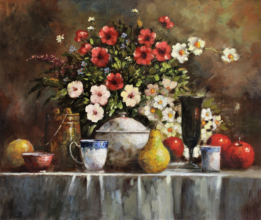 Nature morte de fruits, de fleurs, de poteries et de verres