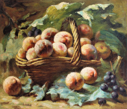 Nature morte de pêches et de raisins dans un panier