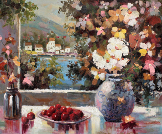Nature morte de cerises et de fleurs sur un porche