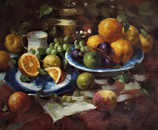 Nature morte de deux coupes de fruits sur une table de cuisine