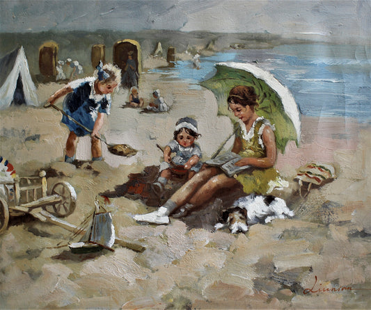 Famille et un chien sur la plage