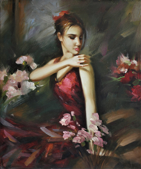 Femme vêtue de rouge entourée de fleurs