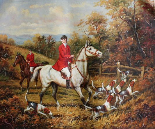 Deux chasseurs à cheval avec des chiens de chasse