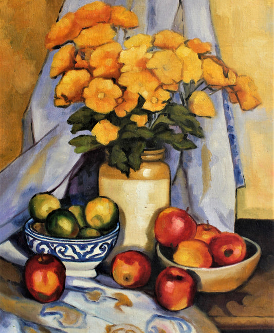 Nature morte de fleurs jaunes et de fruits dans deux bols