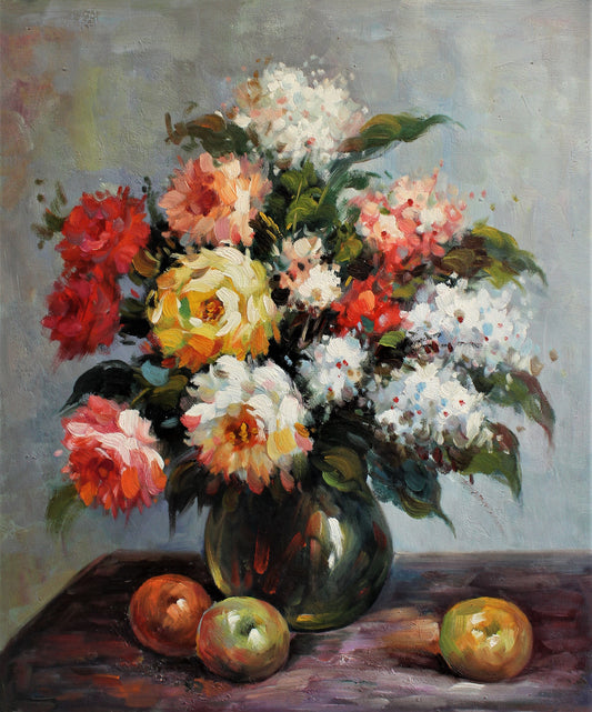 Nature morte avec composition florale et trois pommes