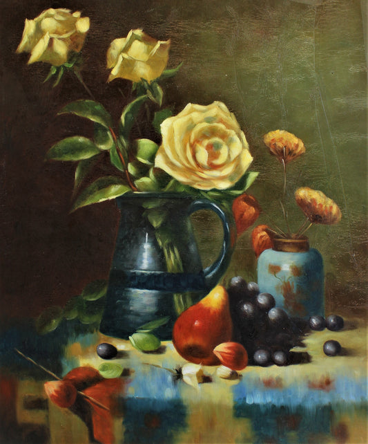 Nature morte de fleurs jaunes et de fruits divers