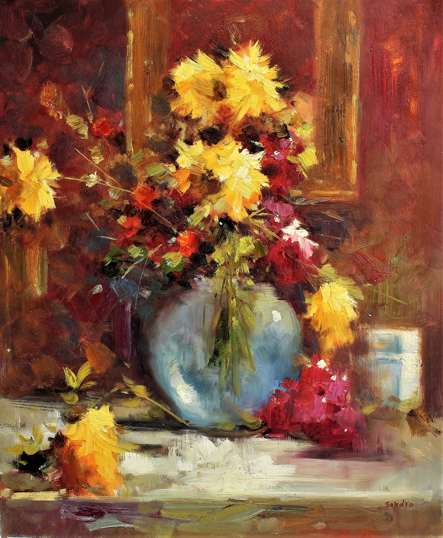 Nature morte de fleurs dans un vase bleu clair