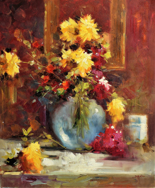 Nature morte de fleurs dans un vase bleu clair