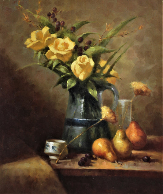 Nature morte de roses jaunes et de poires