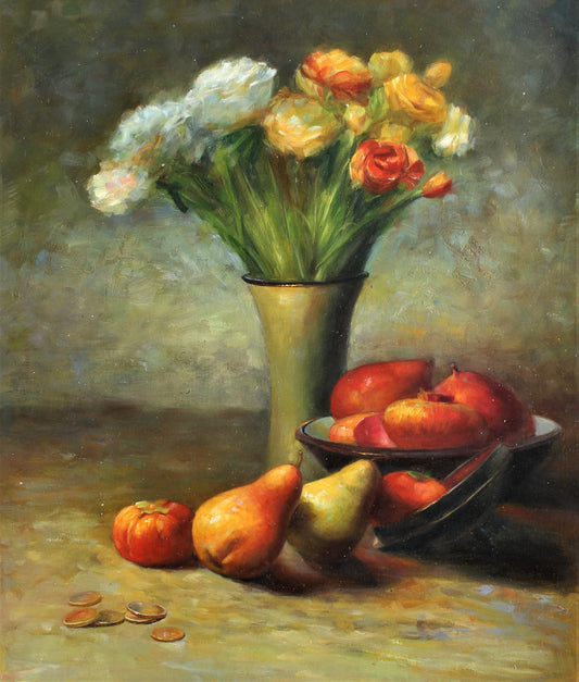 Nature morte de fleurs, poires et grenades
