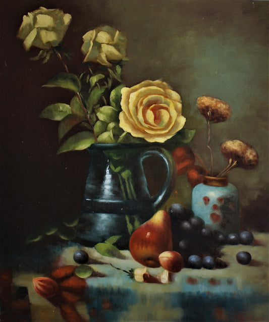 Nature morte de fleurs jaunes et de fruits sur une table