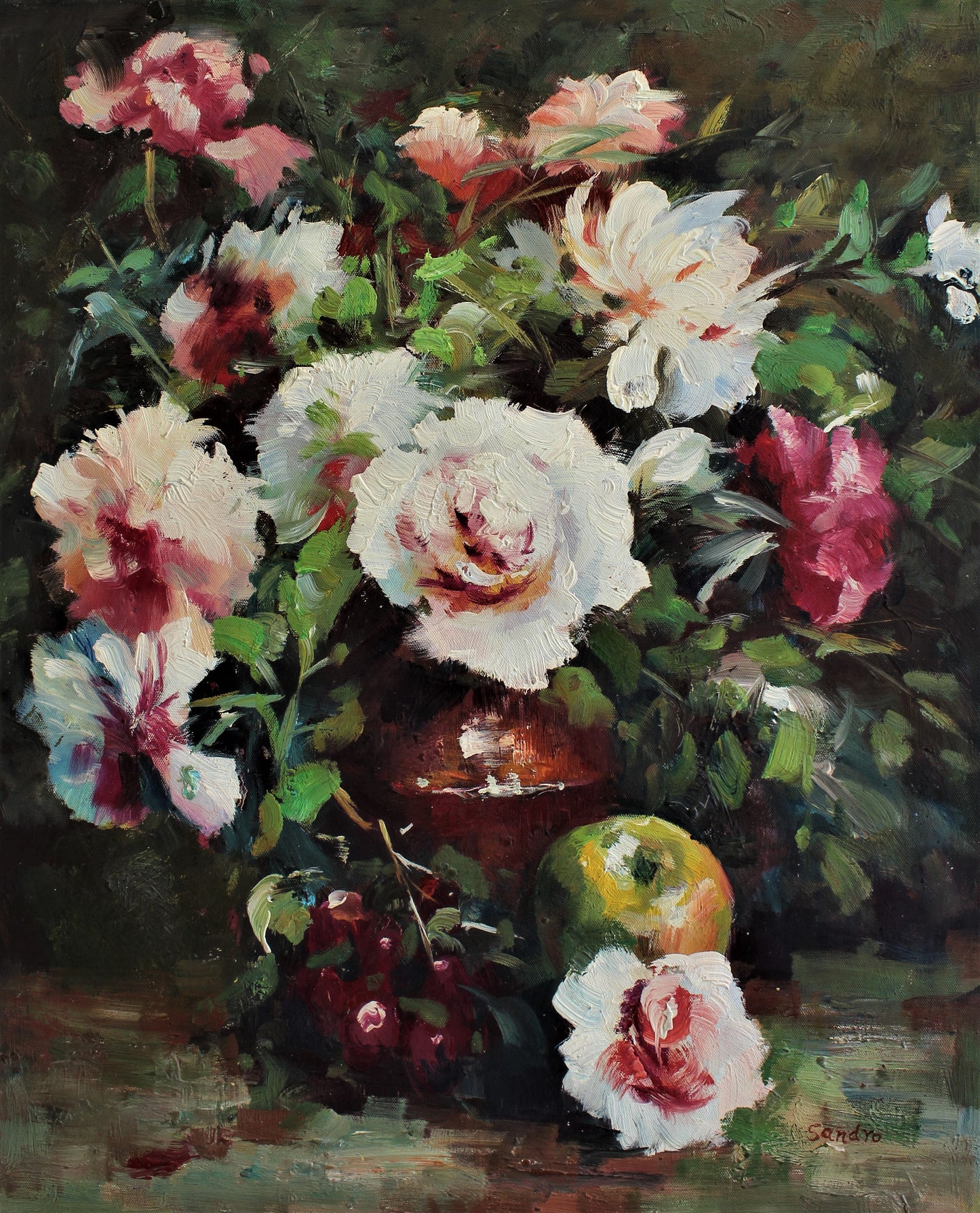 Nature morte de fleurs dans un vase et une pomme