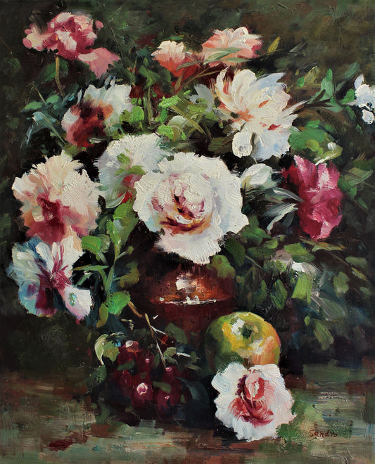 Nature morte de fleurs dans un vase et une pomme