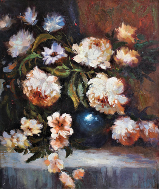 Nature morte de fleurs roses et bleues