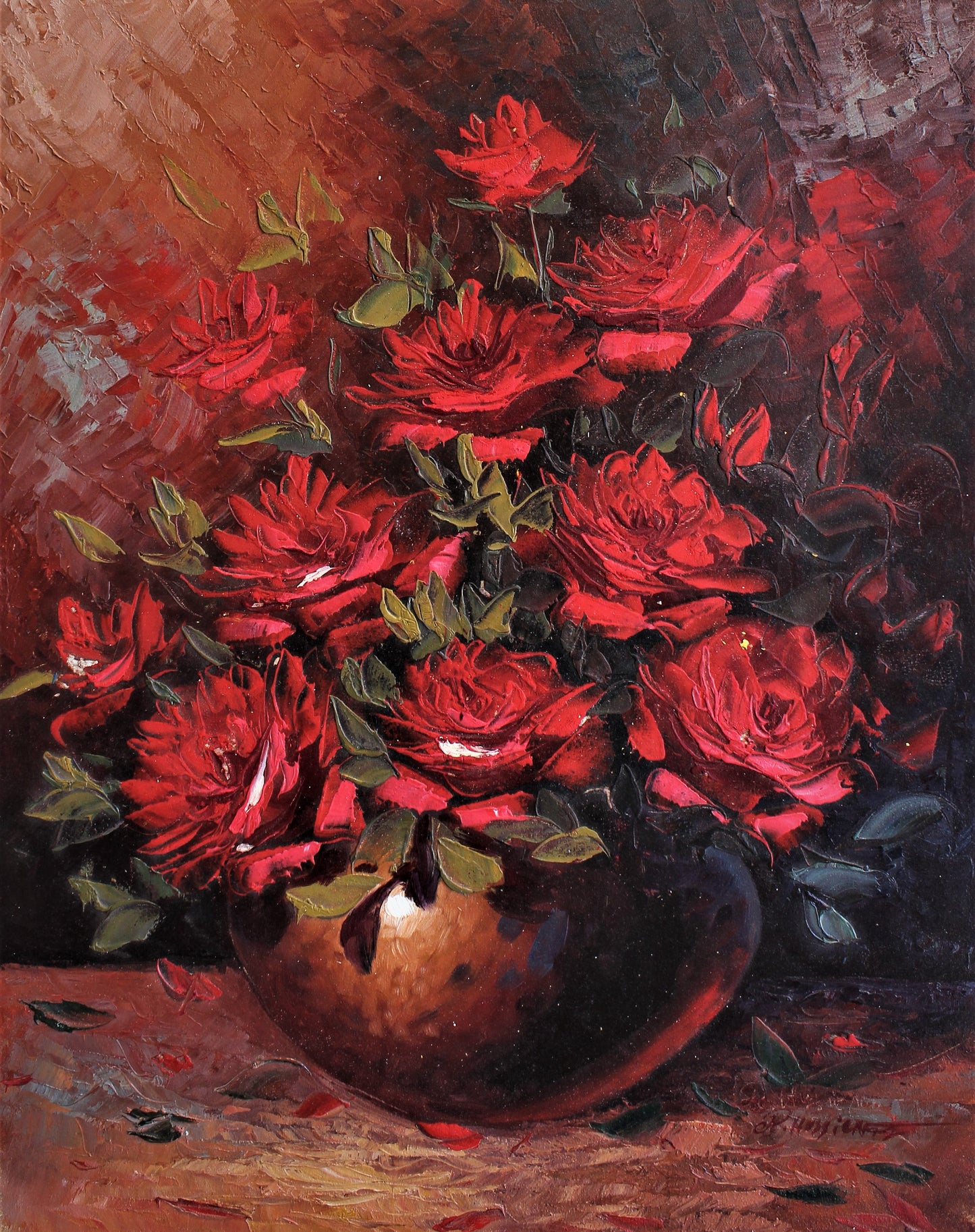 Nature morte de roses rouges dans un vase en bronze