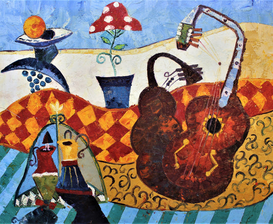 Guitares abstraites, fruits et plantes