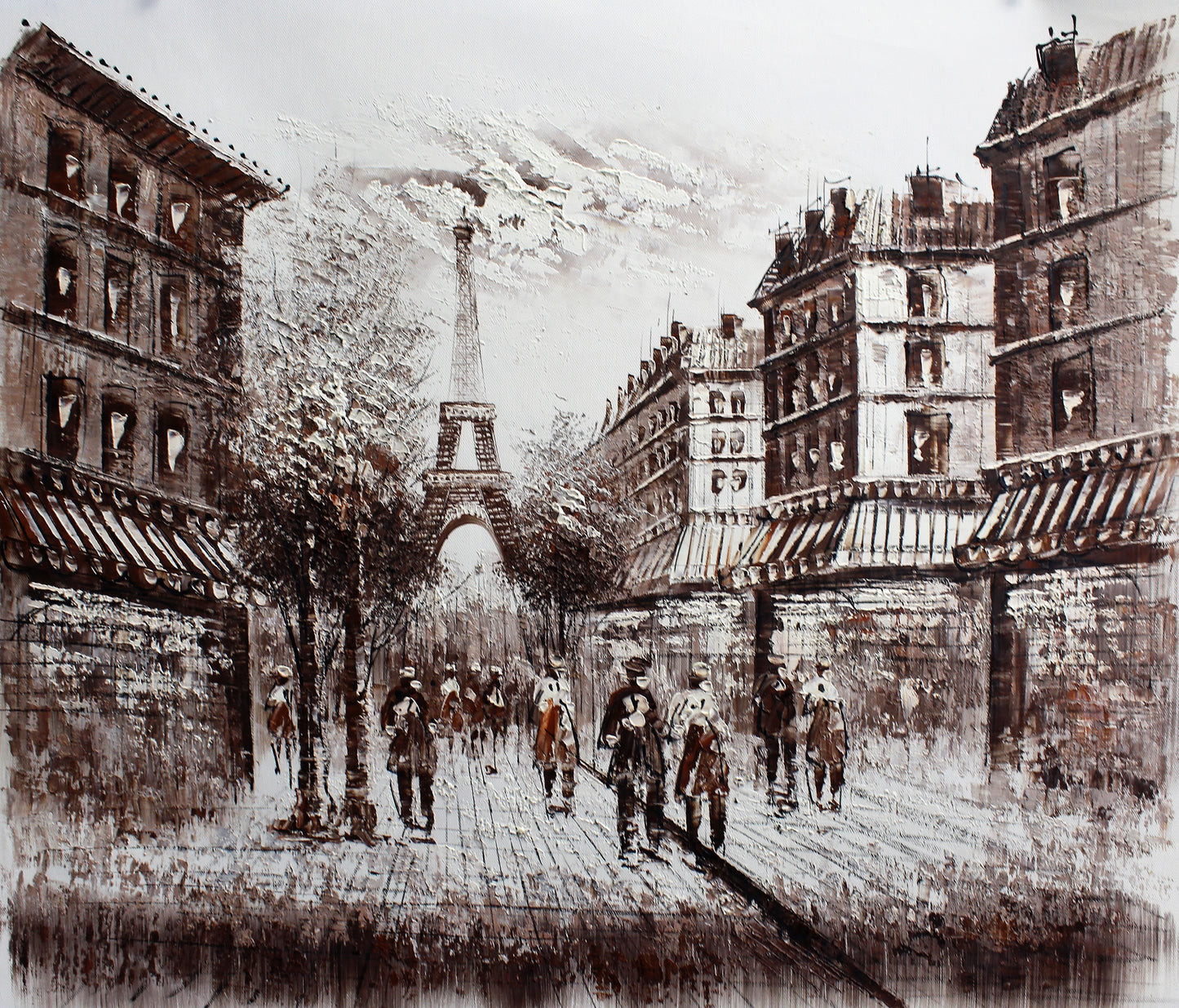 Figures walking on a road towards the Eiffel tower