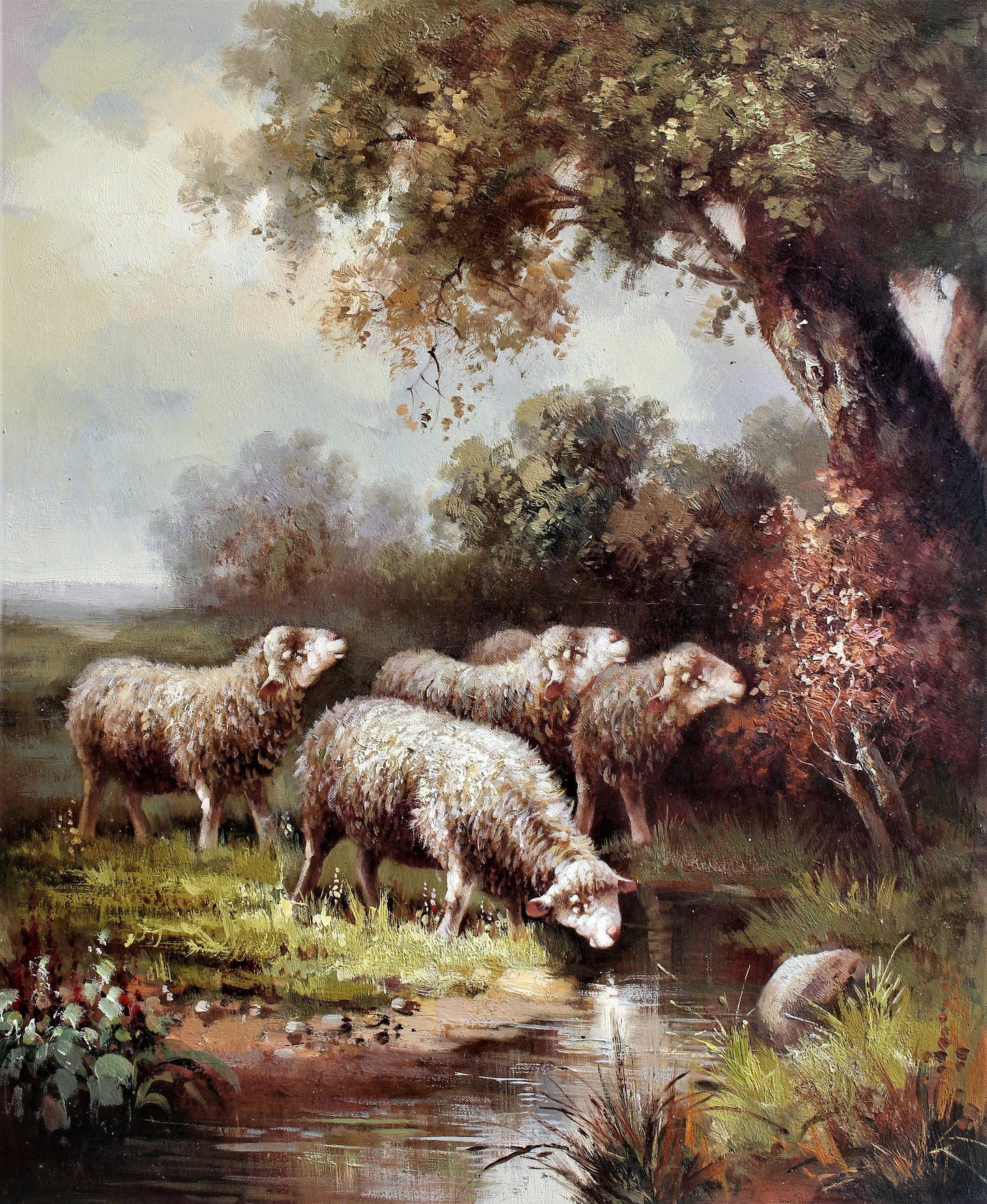Moutons au bord d'un ruisseau