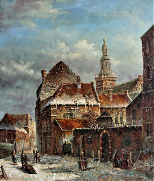 Rue enneigée avec de vieux bâtiments