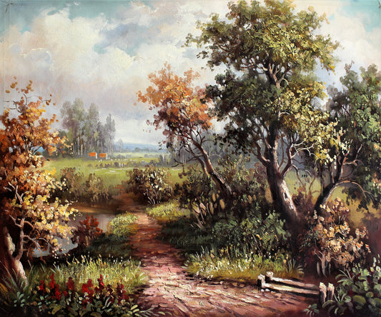 Sentier à travers une forêt aux fleurs rouges