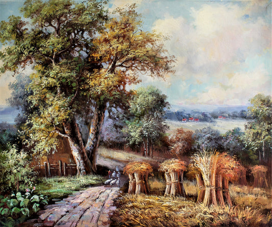 Paysage agricole avec un fermier et des moutons sur une route
